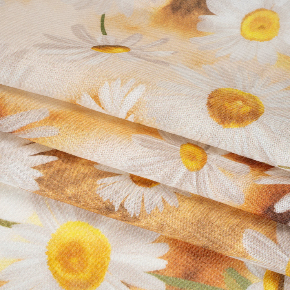 Medium Weight Linen Woven Print - Sun Yellow and White Daisies