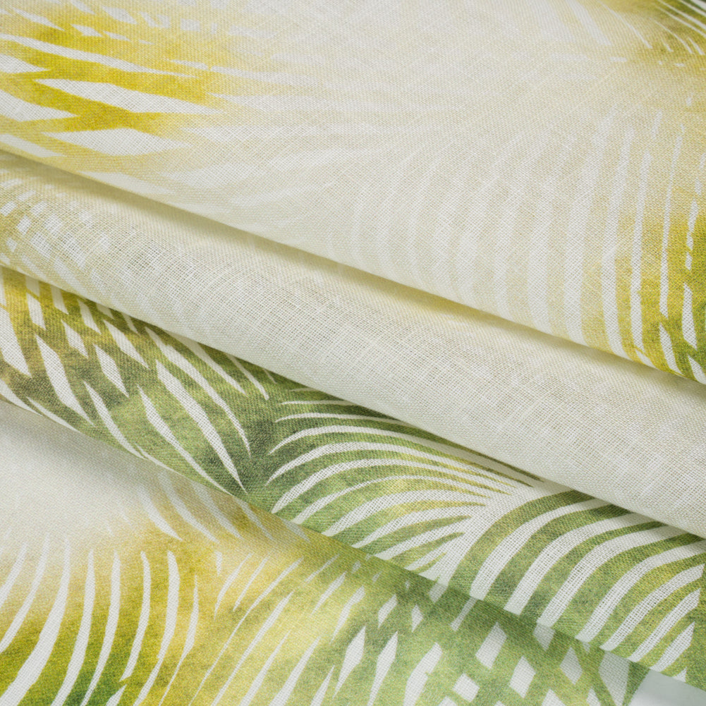Medium Weight Linen Woven Print - Citrus Green, Yellow and White Illuminated Palm Leaves