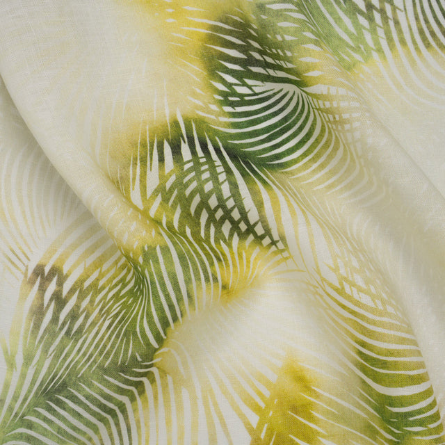 Medium Weight Linen Woven Print - Citrus Green, Yellow and White Illuminated Palm Leaves