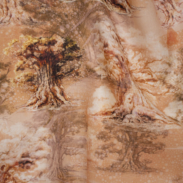 Medium Weight Linen Woven Print - Tan and Beige Giant Trees