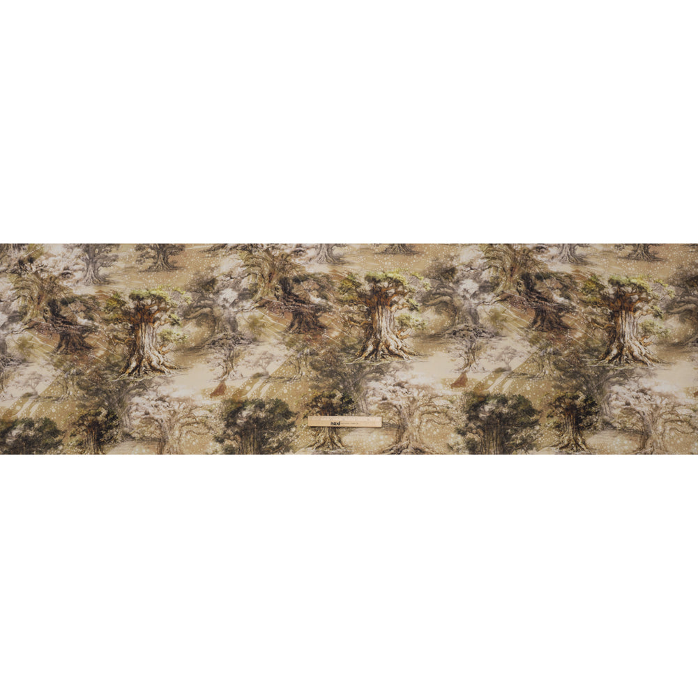 Medium Weight Linen Woven Print - Sand Beige and Green Giant Trees
