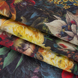 Medium Weight Linen Woven Print - Yellow, Red and Dark Green Mythical Garden