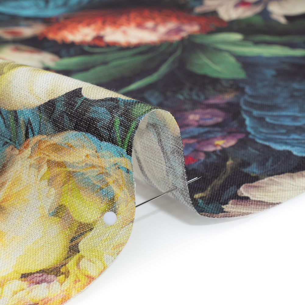 Medium Weight Linen Woven Print - Yellow, Red and Dark Green Mythical Garden