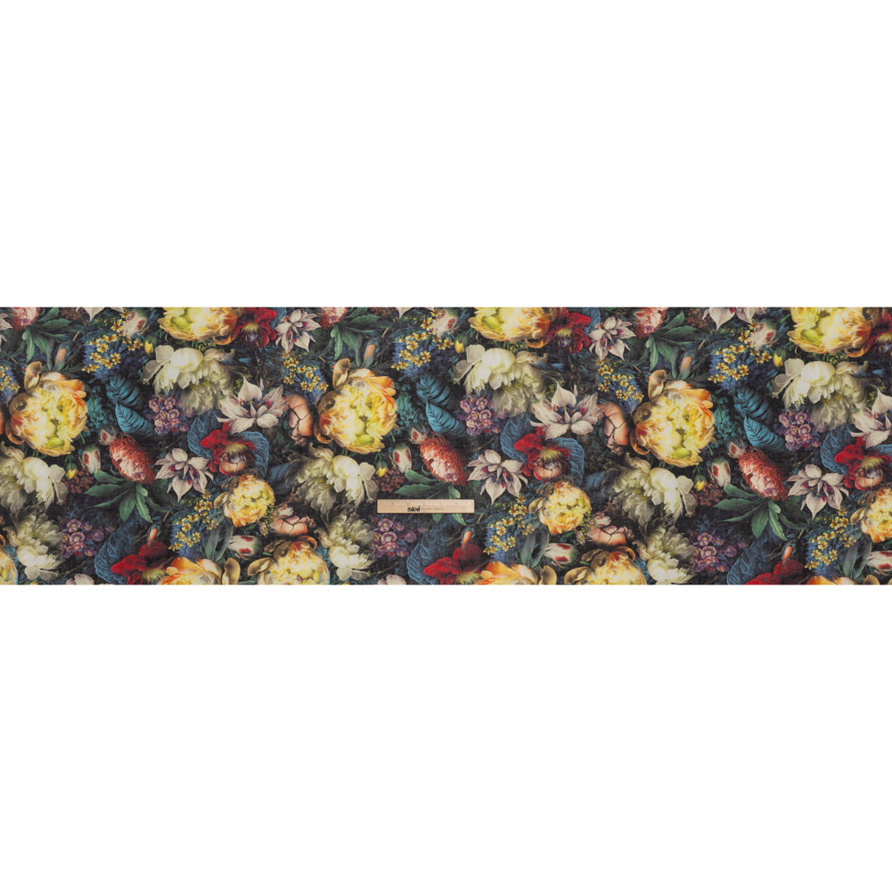 Medium Weight Linen Woven Print - Yellow, Red and Dark Green Mythical Garden