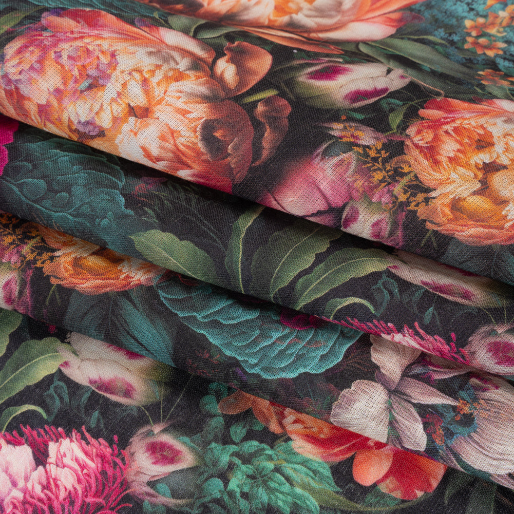 Medium Weight Linen Woven Print - Red Violet, Peach and Dark Green Mythical Garden