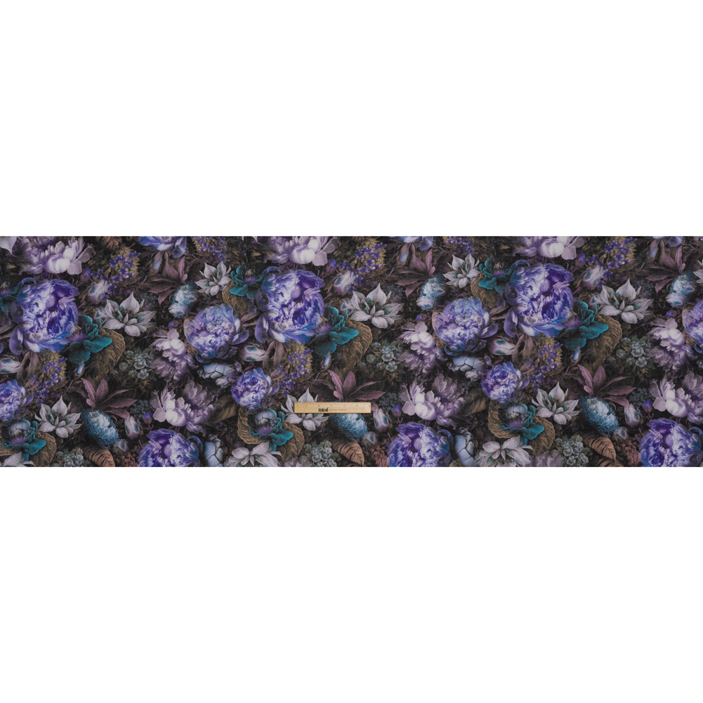 Medium Weight Linen Woven Print - Lilac, Dark Teal and Taupe Mythical Garden