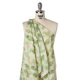 Medium Weight Linen Woven Print - Green on White Laying Leaves