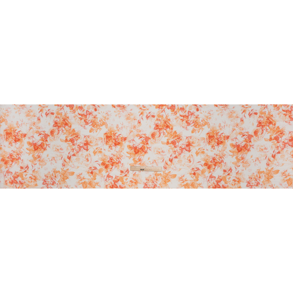 Medium Weight Linen Woven Print - Orange and Red on White Airy Leaves