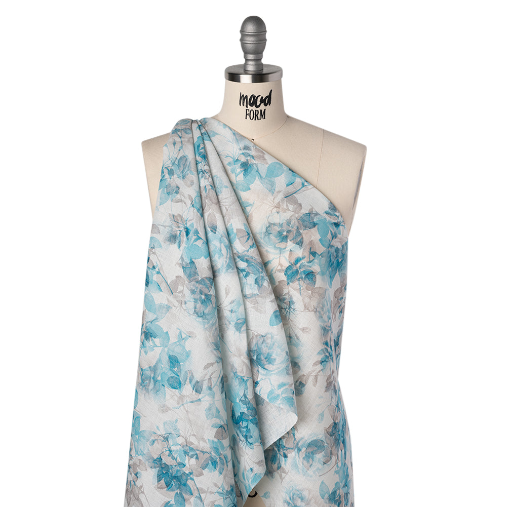 Medium Weight Linen Woven Print - Aqua and Gray on White Airy Leaves