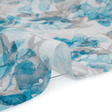 Medium Weight Linen Woven Print - Aqua and Gray on White Airy Leaves