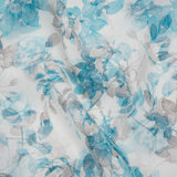 Medium Weight Linen Woven Print - Aqua and Gray on White Airy Leaves