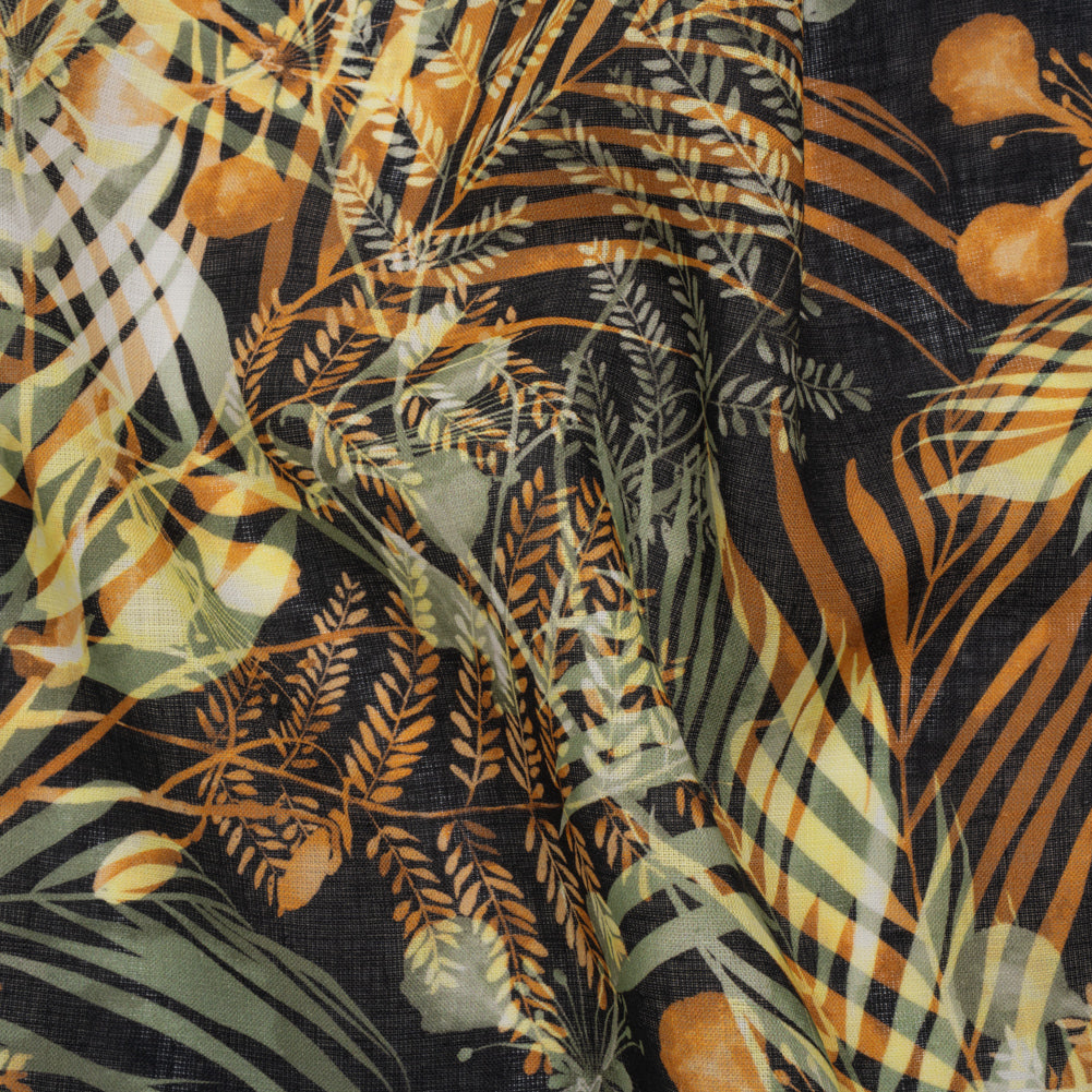 Medium Weight Linen Woven Print - Sage Green, Amber and Black Elegant Palm Silhouettes