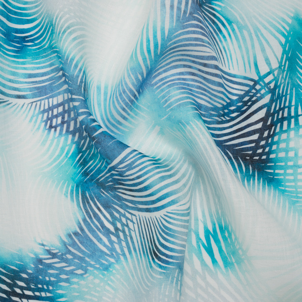 Medium Weight Linen Woven Print - Sahara Blue and White Palm Leaves