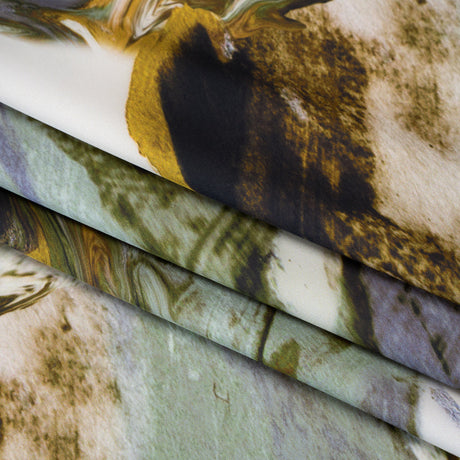 Polyester Satin - Muted Blue, Green and Yellow Ochre Earthy Swirls - Mood Exclusive Molten Moves Print