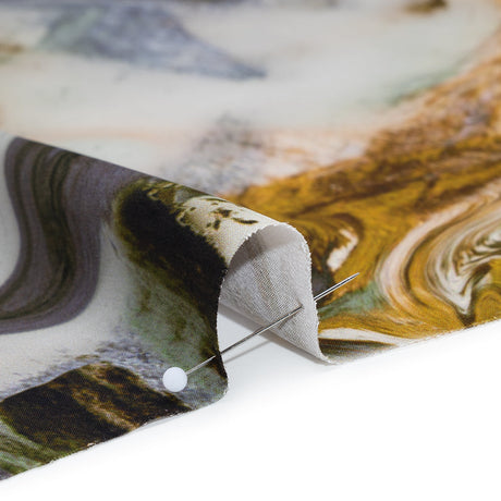 Polyester Satin - Muted Blue, Green and Yellow Ochre Earthy Swirls - Mood Exclusive Molten Moves Print