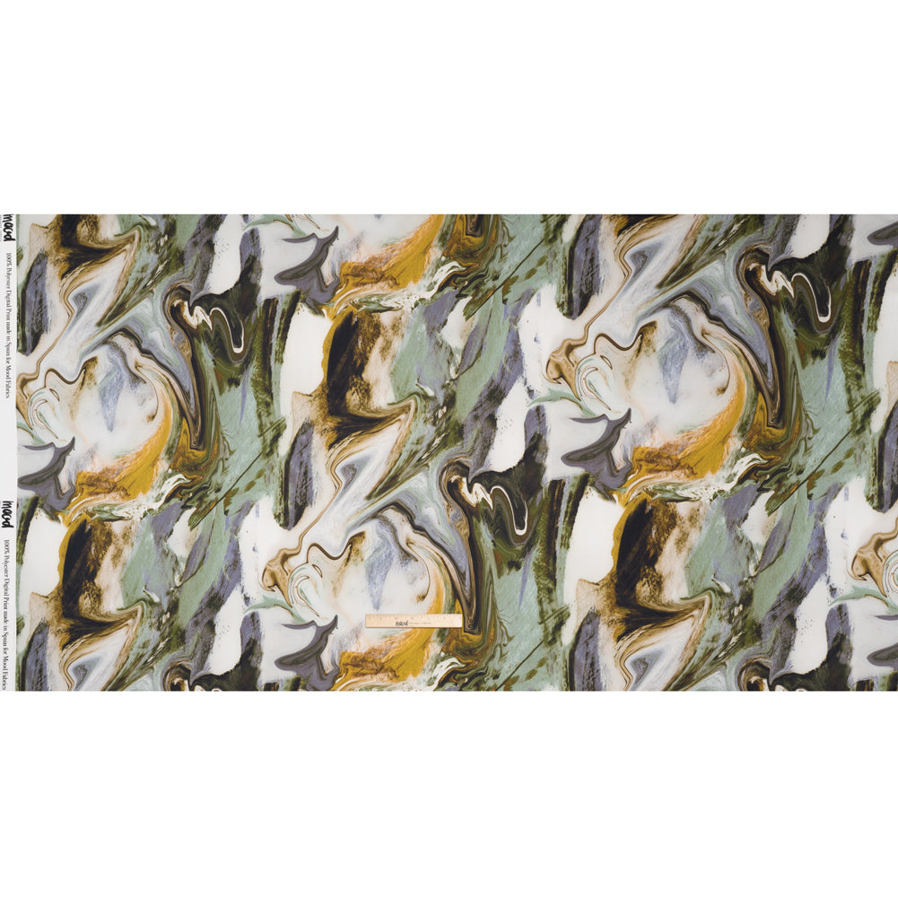 Polyester Satin - Muted Blue, Green and Yellow Ochre Earthy Swirls - Mood Exclusive Molten Moves Print