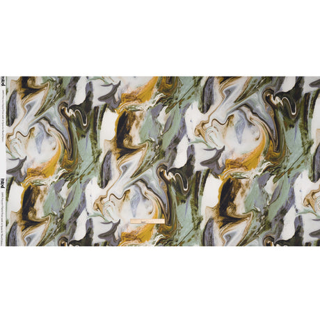 Polyester Satin - Muted Blue, Green and Yellow Ochre Earthy Swirls - Mood Exclusive Molten Moves Print