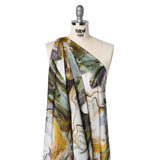 Polyester Satin - Muted Blue, Green and Yellow Ochre Earthy Swirls - Mood Exclusive Molten Moves Print