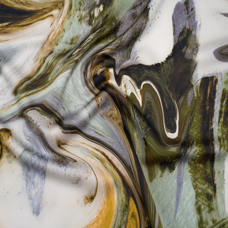 Polyester Satin - Muted Blue, Green and Yellow Ochre Earthy Swirls - Mood Exclusive Molten Moves Print