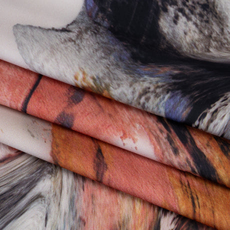 Polyester Satin - Madder Red, Blue and Pale Gray Earthy Swirls - Mood Exclusive Molten Moves Print