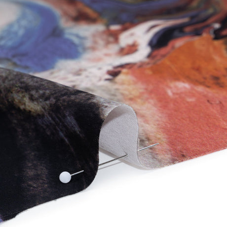 Polyester Satin - Madder Red, Blue and Pale Gray Earthy Swirls - Mood Exclusive Molten Moves Print