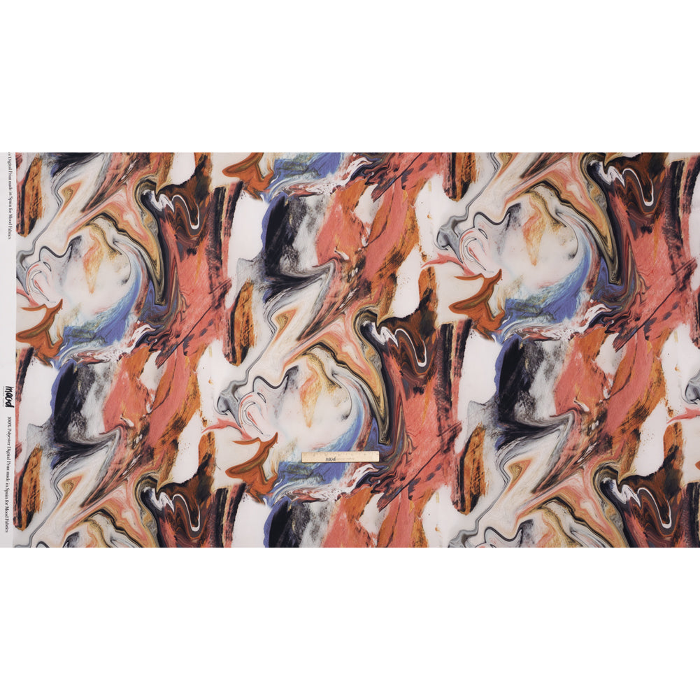 Polyester Satin - Madder Red, Blue and Pale Gray Earthy Swirls - Mood Exclusive Molten Moves Print