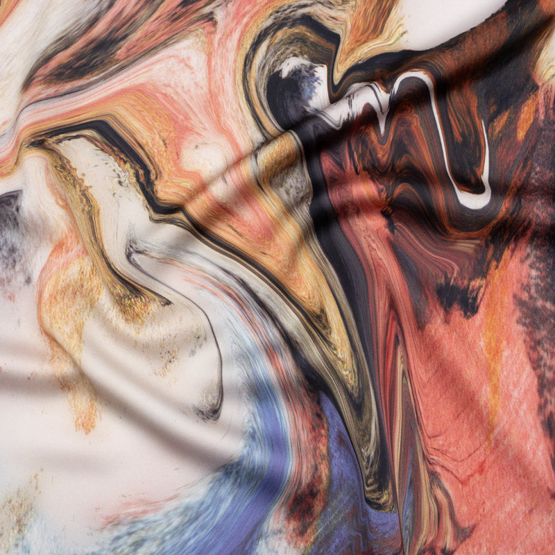 Polyester Satin - Madder Red, Blue and Pale Gray Earthy Swirls - Mood Exclusive Molten Moves Print