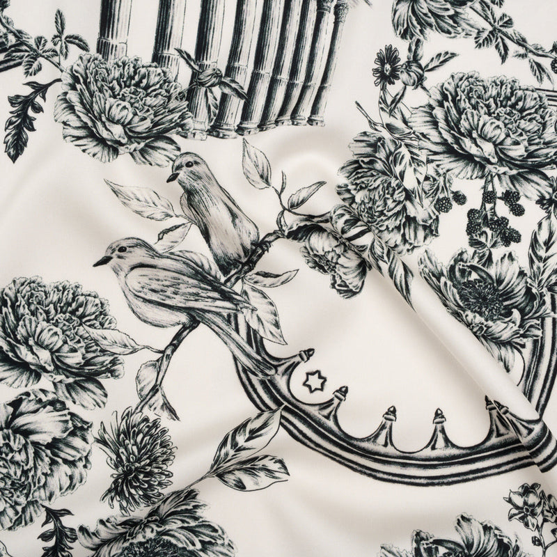 Polyester Satin - Black on White Flowers and Columns - Mood Exclusive Petal Pillars Print