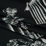 Polyester Satin - White on Black Flowers and Columns - Mood Exclusive Petal Pillars Print