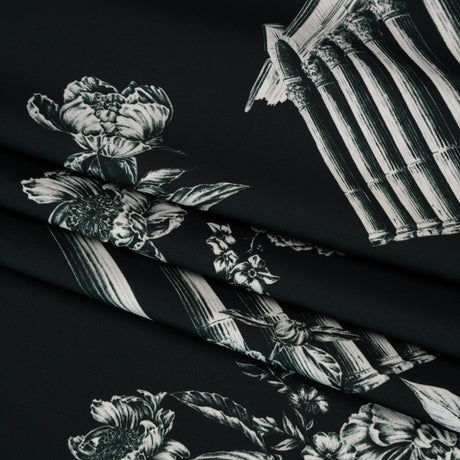 Polyester Satin - White on Black Flowers and Columns - Mood Exclusive Petal Pillars Print