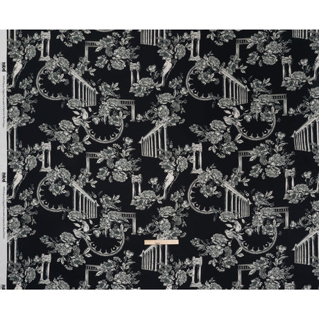 Polyester Satin - White on Black Flowers and Columns - Mood Exclusive Petal Pillars Print