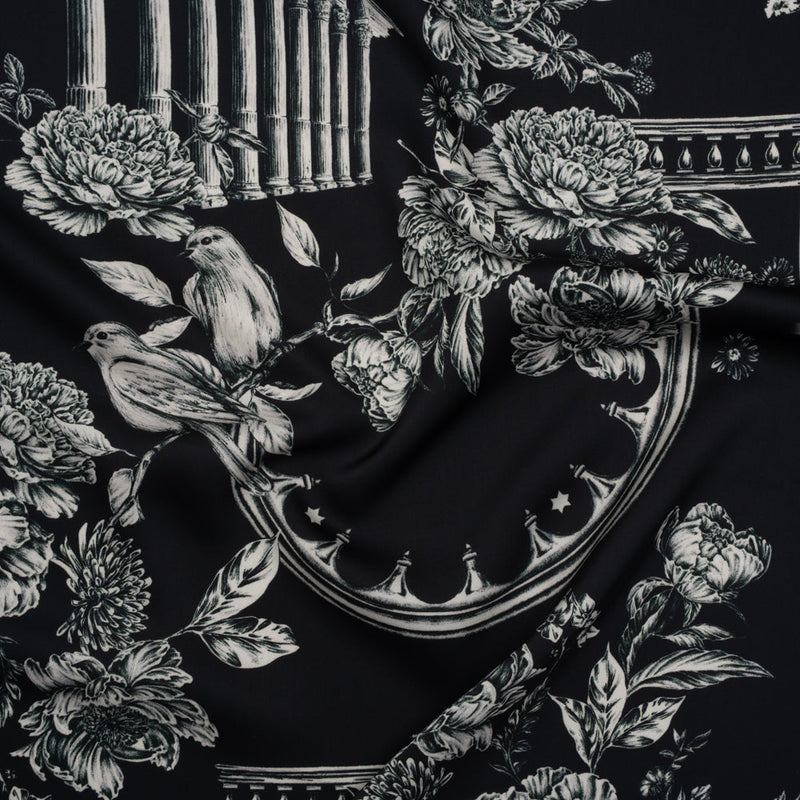 Polyester Satin - White on Black Flowers and Columns - Mood Exclusive Petal Pillars Print