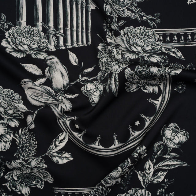 Polyester Satin - White on Black Flowers and Columns - Mood Exclusive Petal Pillars Print