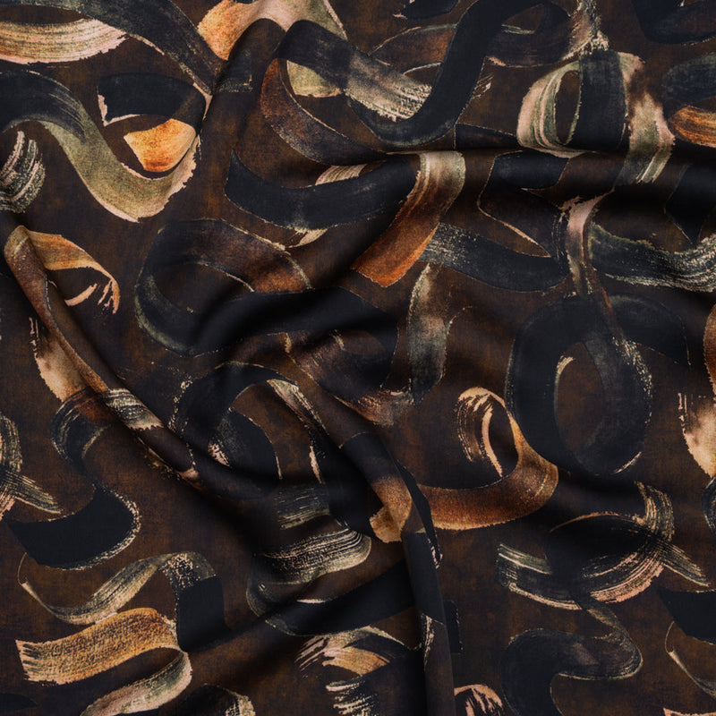 Polyester Satin - Brown, Black and Burnt Orange Painted Ribbons - Mood Exclusive Ruststroke Wrap Print