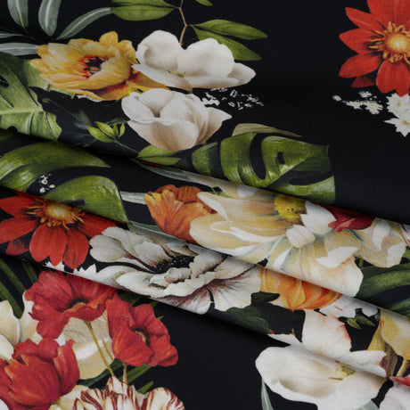Polyester Satin - Red, Yellow and Black Floral - Mood Exclusive Midnight Bloom Print