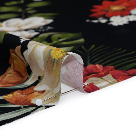 Polyester Satin - Red, Yellow and Black Floral - Mood Exclusive Midnight Bloom Print