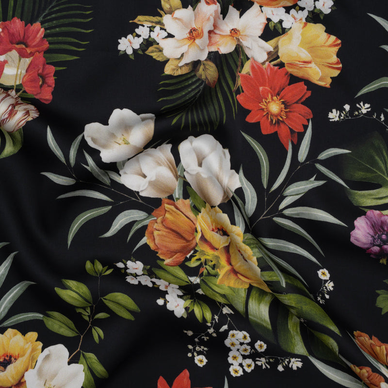 Polyester Satin - Red, Yellow and Black Floral - Mood Exclusive Midnight Bloom Print
