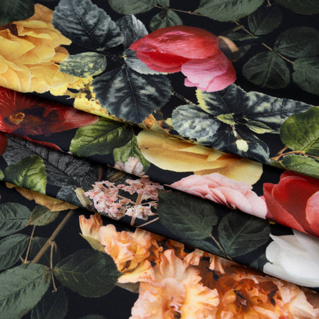 Polyester Satin - Red, Yellow and Green Photorealistic Florals - Mood Exclusive Petals After Dark Print
