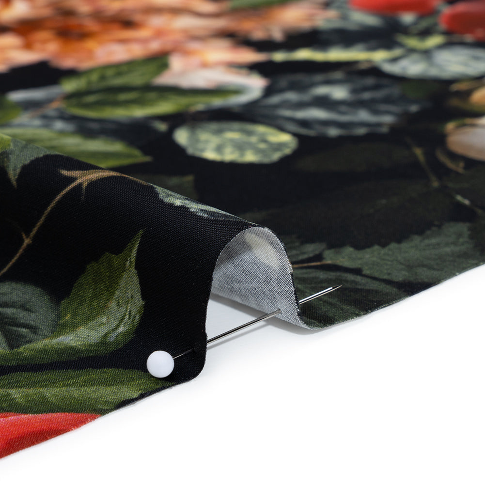 Polyester Satin - Red, Yellow and Green Photorealistic Florals - Mood Exclusive Petals After Dark Print