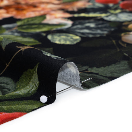 Polyester Satin - Red, Yellow and Green Photorealistic Florals - Mood Exclusive Petals After Dark Print