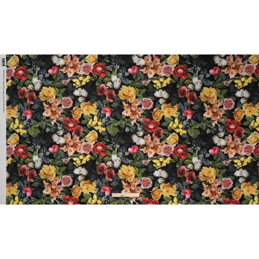 Polyester Satin - Red, Yellow and Green Photorealistic Florals - Mood Exclusive Petals After Dark Print