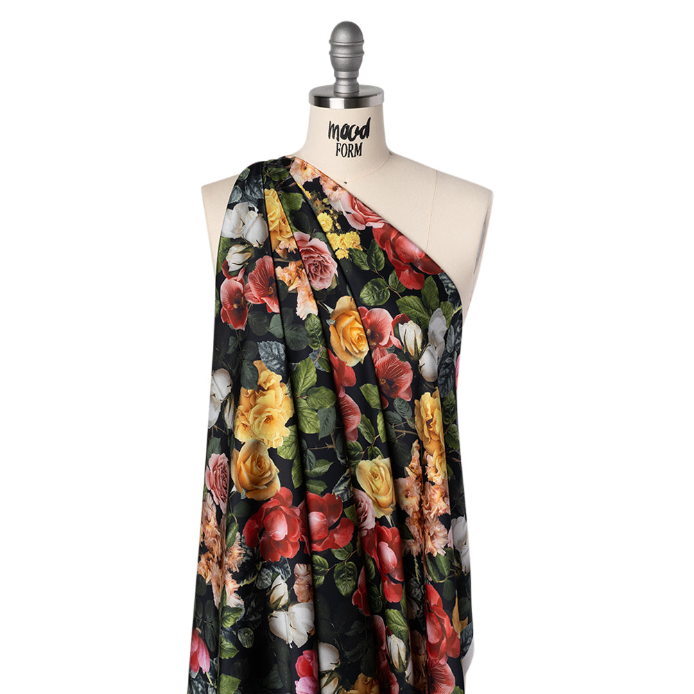 Polyester Satin - Red, Yellow and Green Photorealistic Florals - Mood Exclusive Petals After Dark Print