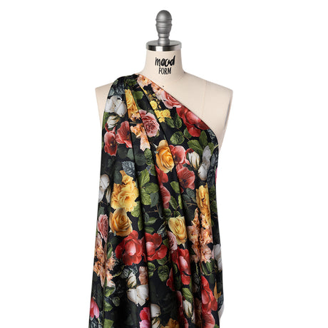 Polyester Satin - Red, Yellow and Green Photorealistic Florals - Mood Exclusive Petals After Dark Print