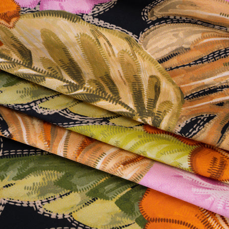 Polyester Satin - Beige, Green and Orange Tropical Leaves and Flowers with Stitching - Mood Exclusive Sunstitched Canopy Print