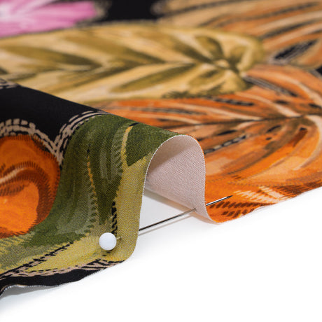 Polyester Satin - Beige, Green and Orange Tropical Leaves and Flowers with Stitching - Mood Exclusive Sunstitched Canopy Print