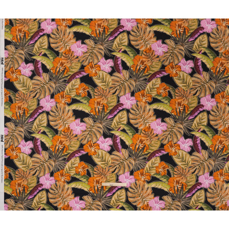 Polyester Satin - Beige, Green and Orange Tropical Leaves and Flowers with Stitching - Mood Exclusive Sunstitched Canopy Print