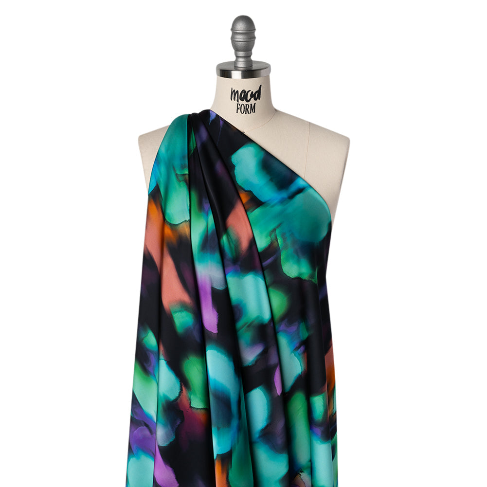 Polyester Satin - Black, Purple and Green Painterly Blurred Florals - Mood Exclusive Blazing Blur Print