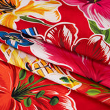 Polyester Satin - Red, Yellow and Blue Flowers and Striped Blocks - Mood Exclusive Linear Bloom Print