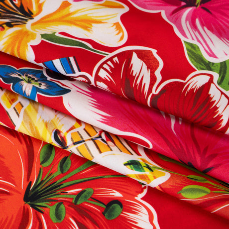 Polyester Satin - Red, Yellow and Blue Flowers and Striped Blocks - Mood Exclusive Linear Bloom Print