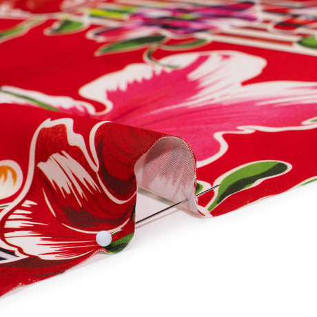 Polyester Satin - Red, Yellow and Blue Flowers and Striped Blocks - Mood Exclusive Linear Bloom Print